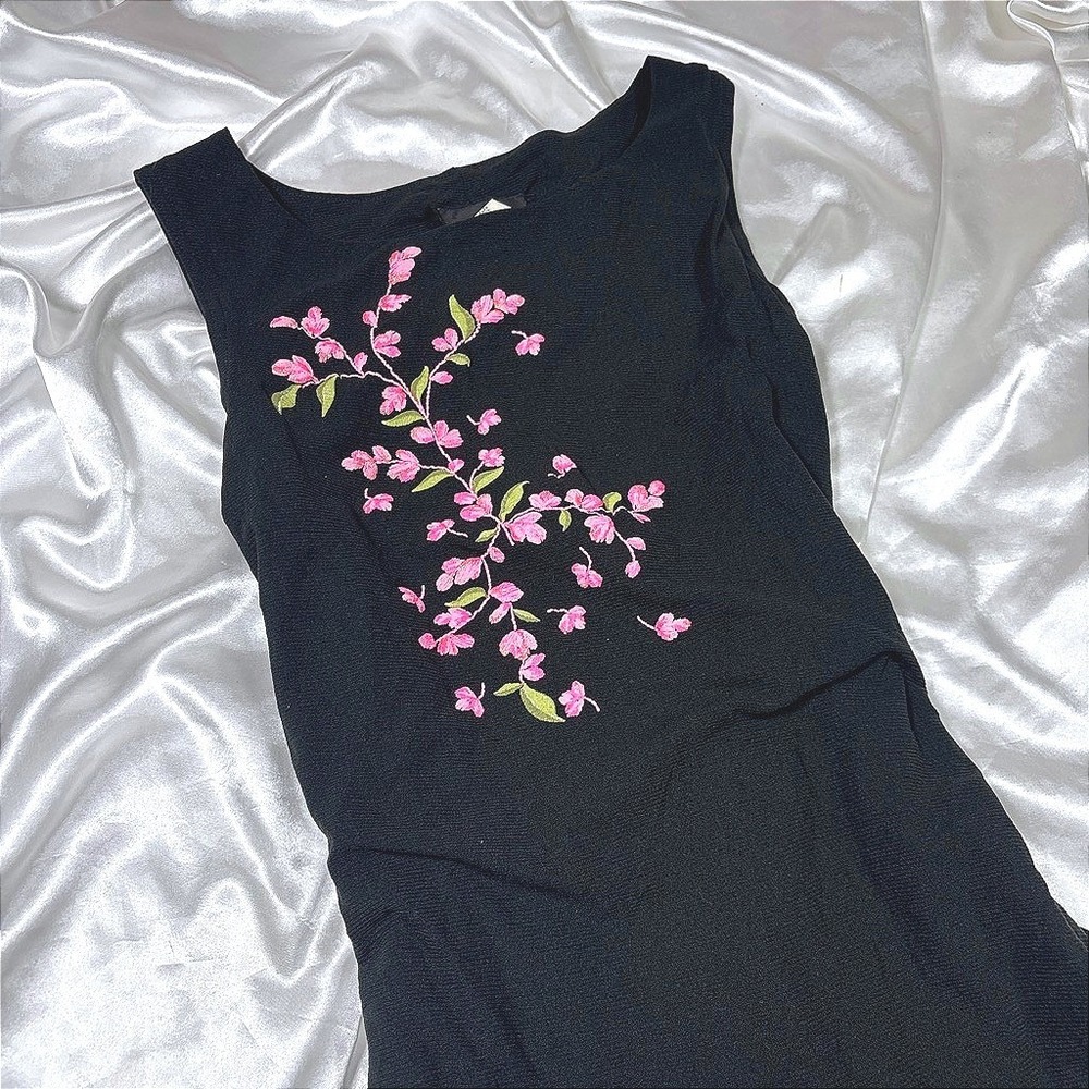 Vintage Denial Mini Dress Black Excellent Pink Floral Embroidery Lettuce Hem L